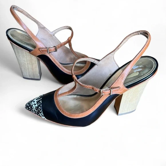 ⭐️ Coach Black Tan Slingback Heels T-Strap with Chunky Heel Size 8B - Picture 6 of 14